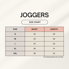 Jogger size chart with waist and length measurements on a light gray background