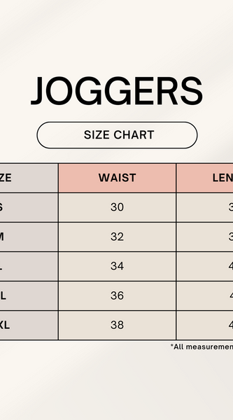 Jogger size chart with waist and length measurements on a light gray background