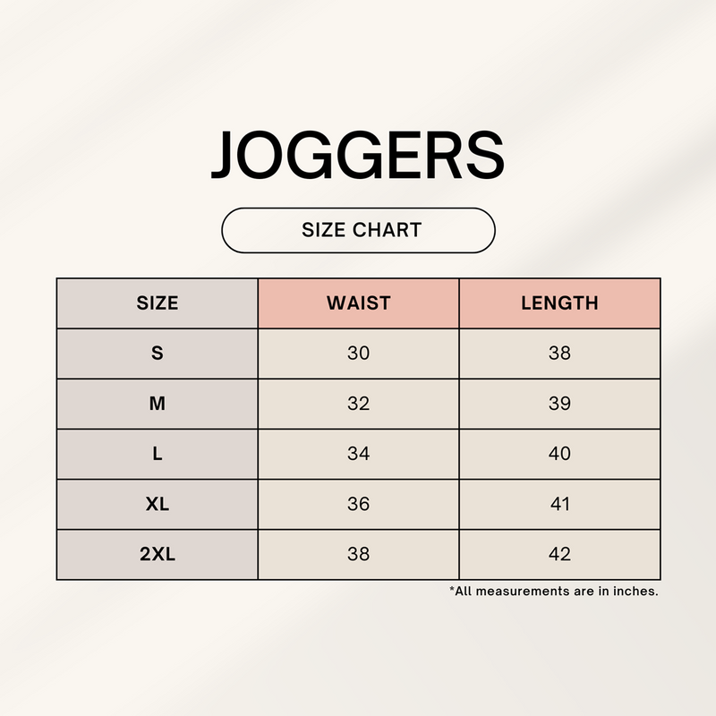 Jogger size chart with waist and length measurements on a light gray background