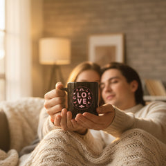 Two black mugs with 'LOVE' design on a beige background with colorful candies.