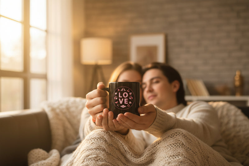 Two black mugs with 'LOVE' design on a beige background with colorful candies.