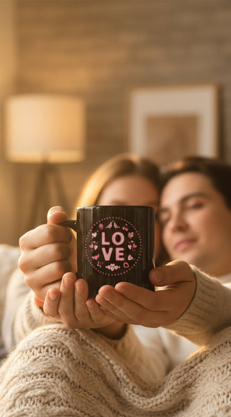 Two black mugs with 'LOVE' design on a beige background with colorful candies.