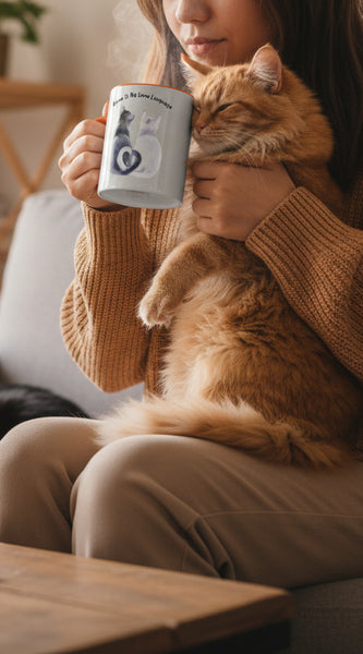 Two mugs with orange handles on a pink background, one featuring a cat illustration and text.