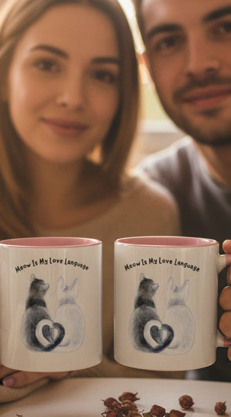 Mug with cat design and text 'Meow is my Love Language' on a pink background