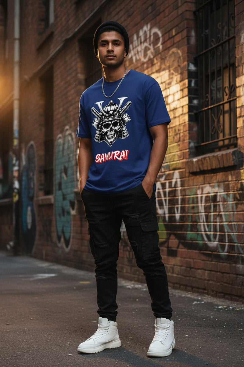 Navy blue t-shirt with a skull and katana design and 'SAMURAI' text on a white background
