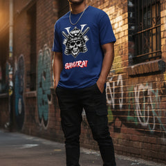 Navy blue t-shirt with a skull and katana design and 'SAMURAI' text on a white background