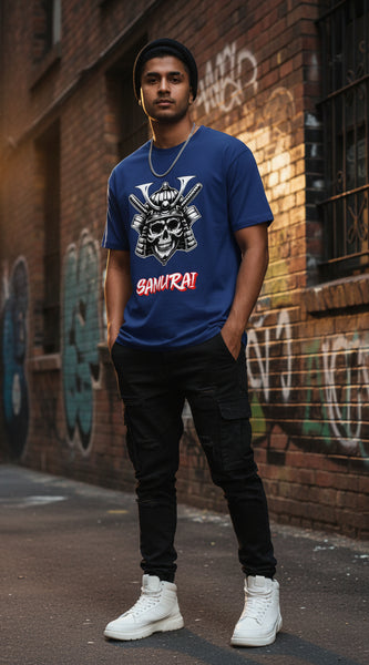 Navy blue t-shirt with a skull and katana design and 'SAMURAI' text on a white background