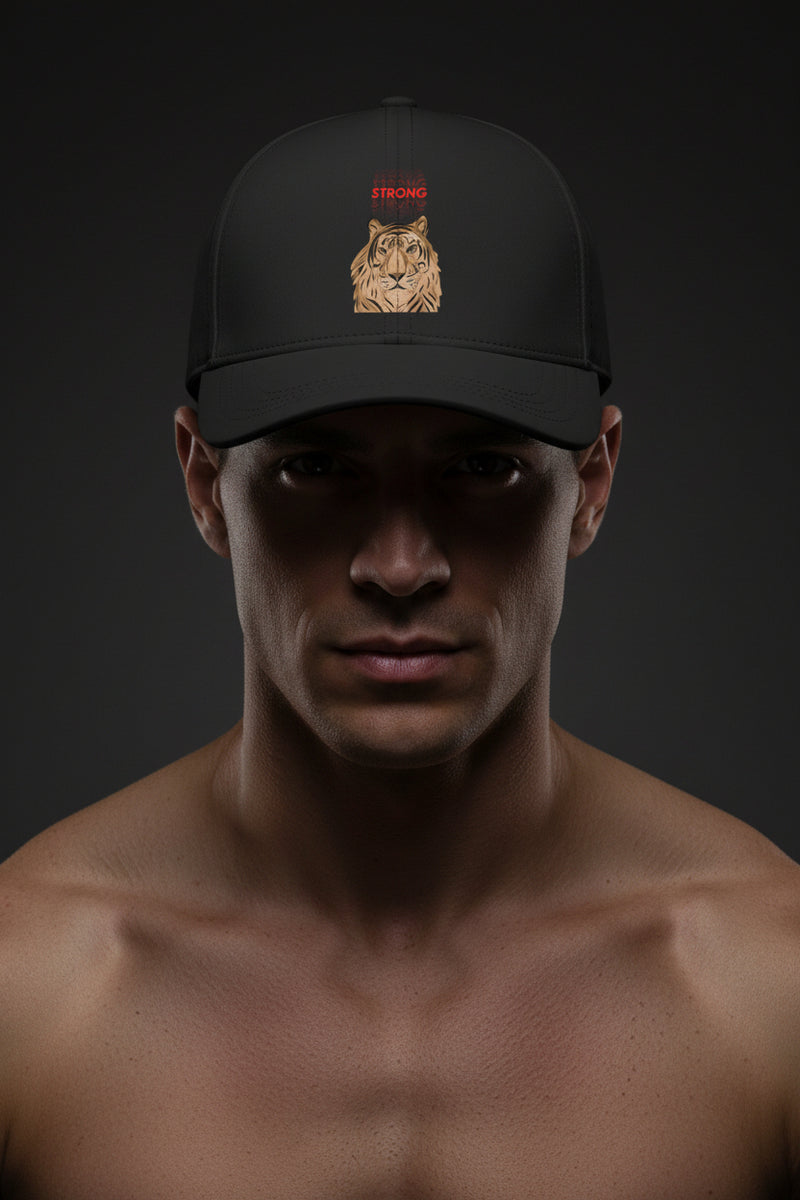 Black cap with a lion graphic and 'STRONG' text on a light gray background