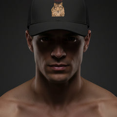 Black cap with a lion graphic and 'STRONG' text on a light gray background