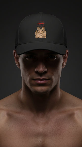 Black cap with a lion graphic and 'STRONG' text on a light gray background