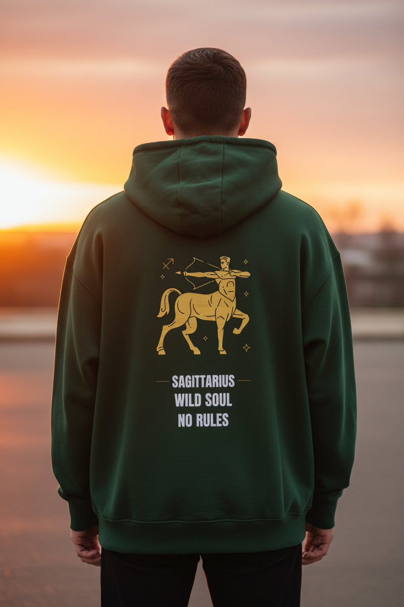 Green hoodie with Sagittarius zodiac design on the back against a white background