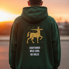 Green hoodie with Sagittarius zodiac design on the back against a white background