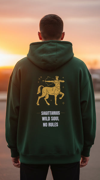 Green hoodie with Sagittarius zodiac design on the back against a white background