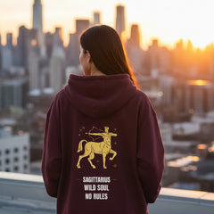 Maroon hoodie with Sagittarius zodiac design on the back against a white background