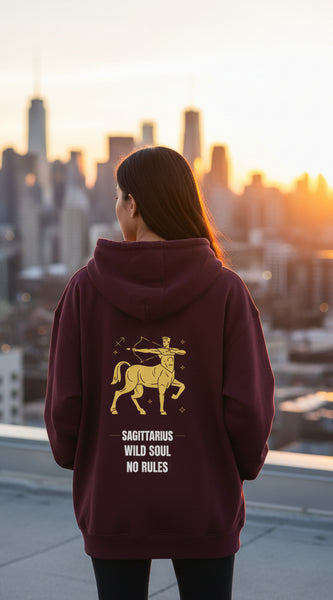 Maroon hoodie with Sagittarius zodiac design on the back against a white background