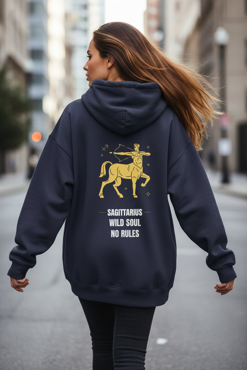 Navy Blue hoodie with Sagittarius zodiac design and text on a white background