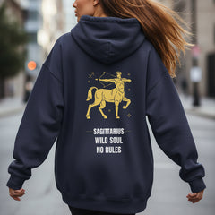 Navy Blue hoodie with Sagittarius zodiac design and text on a white background