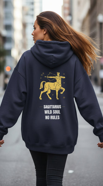 Navy Blue hoodie with Sagittarius zodiac design and text on a white background