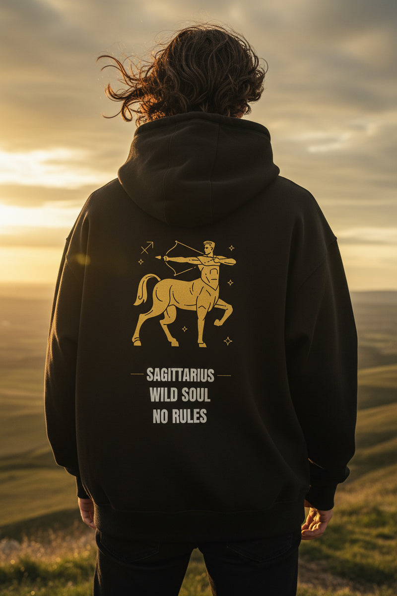 Black hoodie with Sagittarius zodiac design and text on a white background