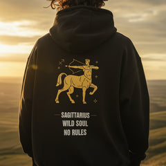 Black hoodie with Sagittarius zodiac design and text on a white background