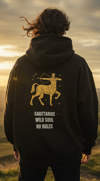 Black hoodie with Sagittarius zodiac design and text on a white background