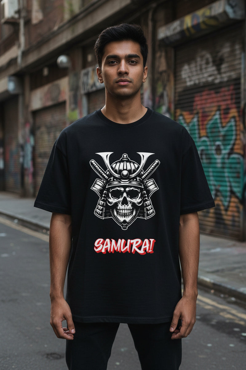 Black t-shirt with a skull and katana design labeled 'Samurai' on a white background