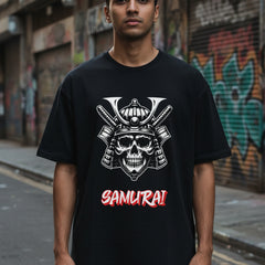 Black t-shirt with a skull and katana design labeled 'Samurai' on a white background