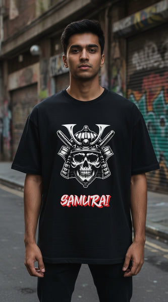 Black t-shirt with a skull and katana design labeled 'Samurai' on a white background