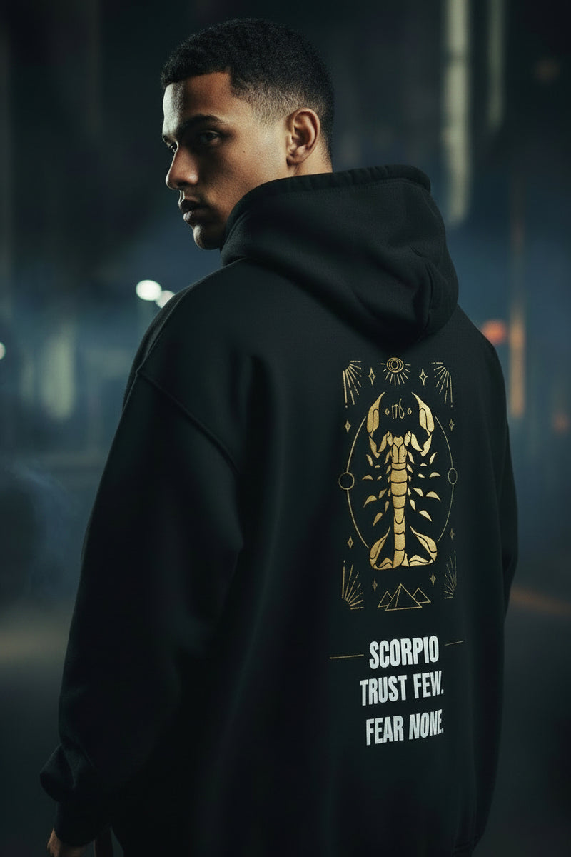 Black hoodie with Scorpio zodiac design and text on a white background