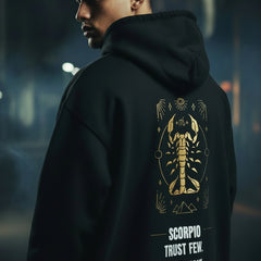 Black hoodie with Scorpio zodiac design and text on a white background