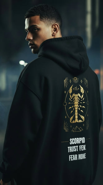 Black hoodie with Scorpio zodiac design and text on a white background