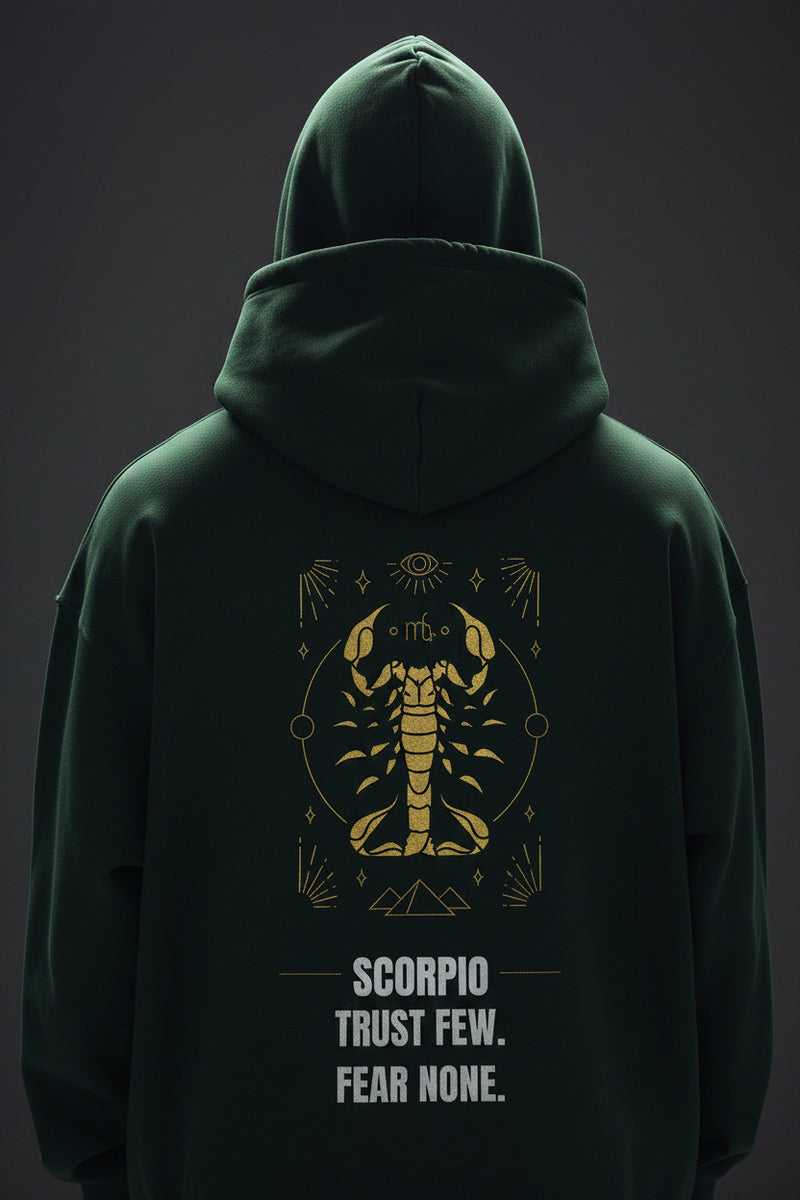 Green hoodie with Scorpio zodiac design and text on the back against a white background