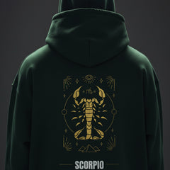 Green hoodie with Scorpio zodiac design and text on the back against a white background