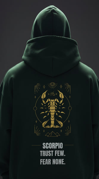 Green hoodie with Scorpio zodiac design and text on the back against a white background