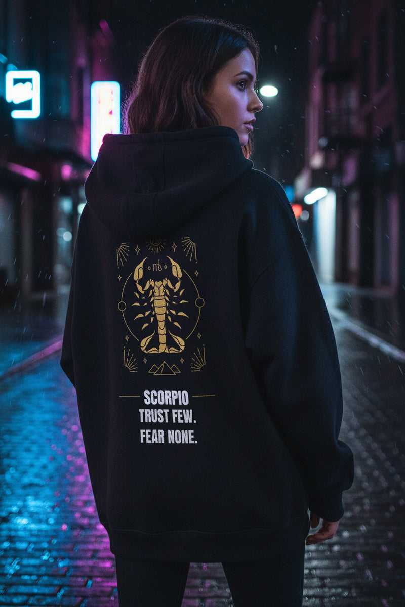 Navy Blue hoodie with Scorpio zodiac design and text on a white background