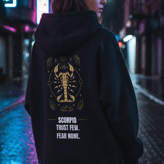 Navy Blue hoodie with Scorpio zodiac design and text on a white background