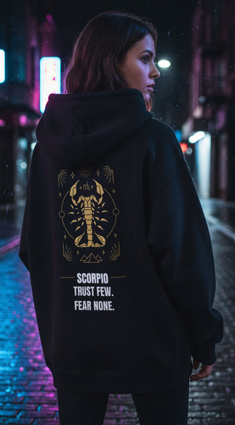 Navy Blue hoodie with Scorpio zodiac design and text on a white background