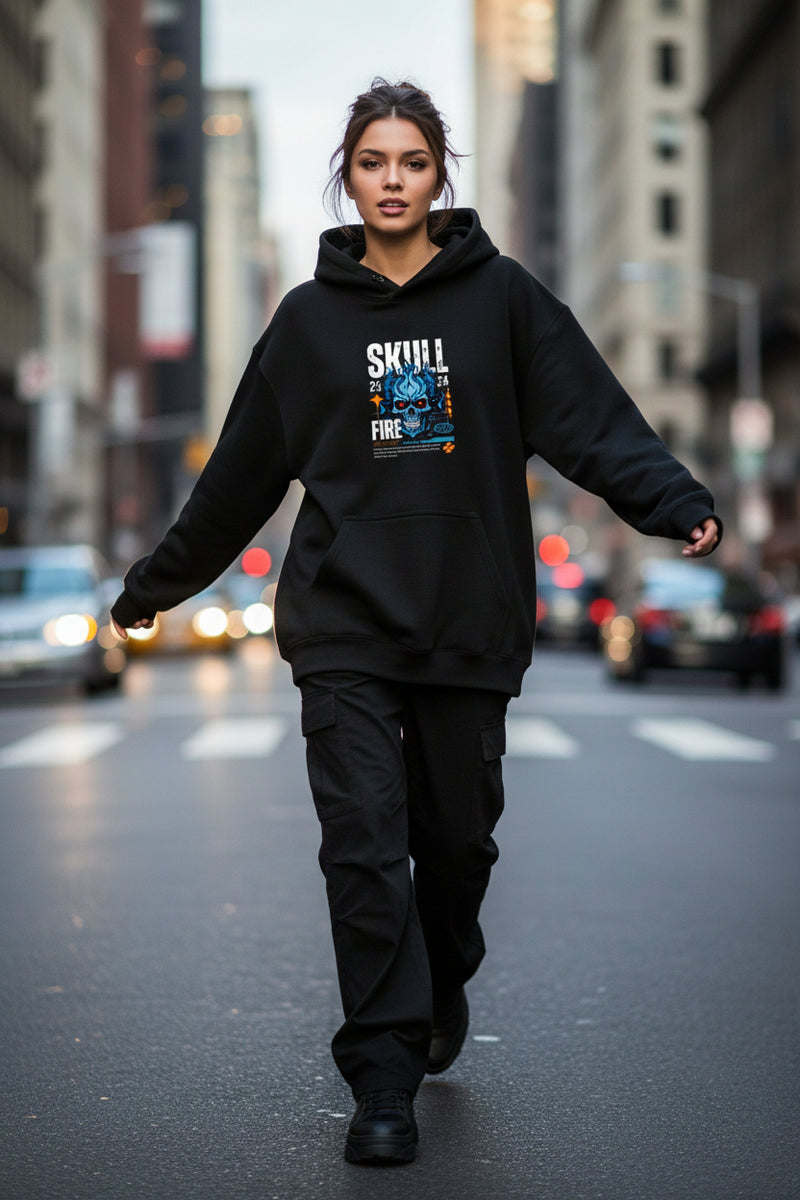 Black hoodie with a graphic design on a white background
