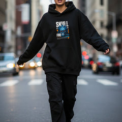 Black hoodie with a graphic design on a white background