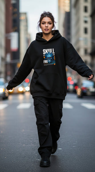 Black hoodie with a graphic design on a white background