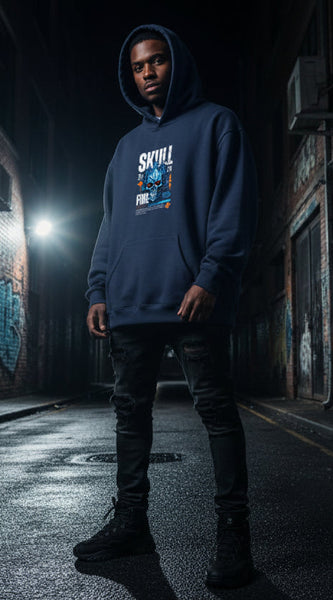Person wearing a blue hoodie with visible branding in an urban alleyway.