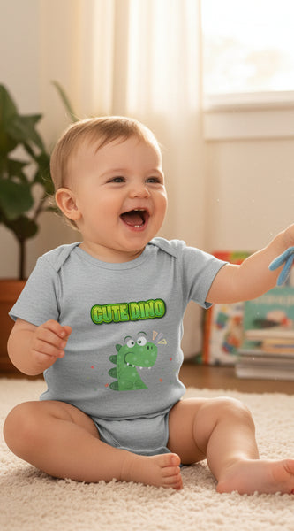 Gray baby onesie with green dinosaur design and 'Cute Dino' text on a white background