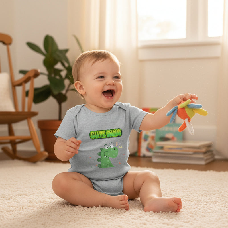 Gray baby onesie with green dinosaur design and 'Cute Dino' text on a white background