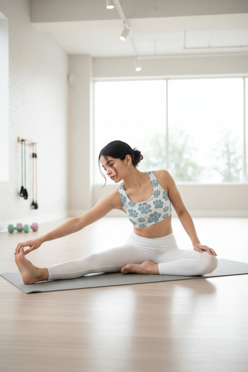 Woman wearing a floral-patterned sports bra on a white background