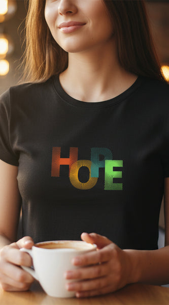 Black t-shirt with colorful 'HODLE' text on a white background