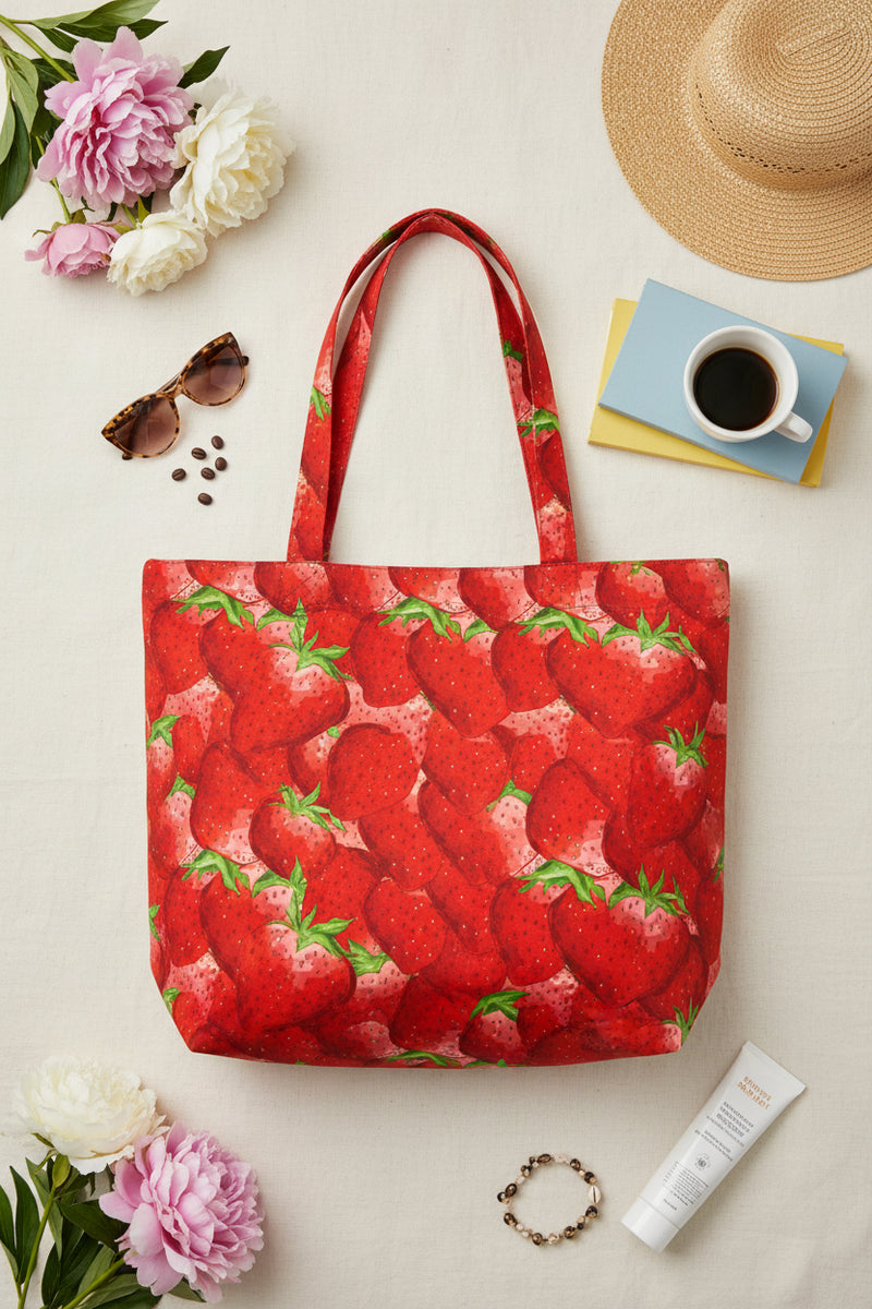 Red fabric with strawberry pattern on a white background
