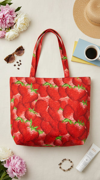 Red fabric with strawberry pattern on a white background
