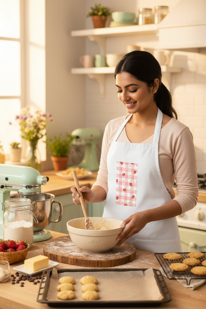 Woman wearing a white apron with a red and pink pattern on a white background