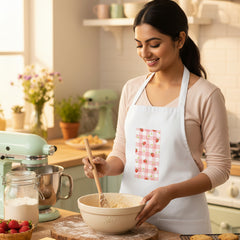Woman wearing a white apron with a red and pink pattern on a white background