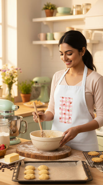 Woman wearing a white apron with a red and pink pattern on a white background